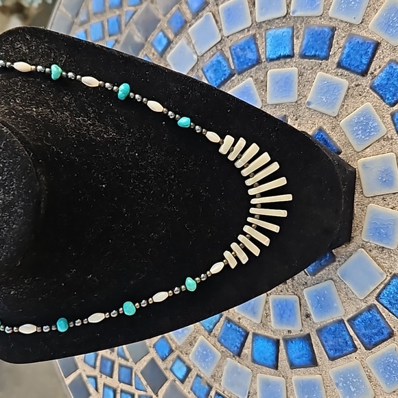 Jewelry - Vintage Mother of Pearl Turquoise Hematite Silvertone Beaded Necklace